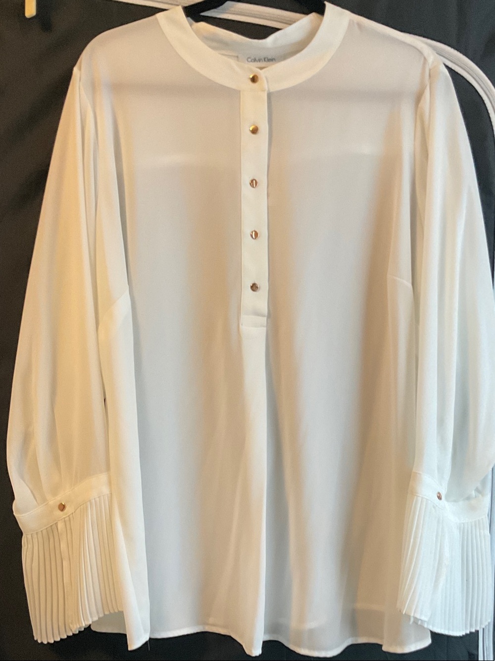 Calvin Klein White Pleated Cuff Button-Front Blouse